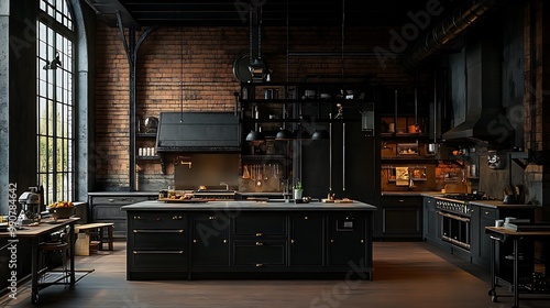 Modern Minimalist Kitchen Room with Wooden Table, luxurious Interior Design, Furniture with Background