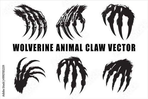 Aggressive Wolverine Claw Vector Silhouette Pack, Fierce Wolverine Claw Vector Silhouette Collection