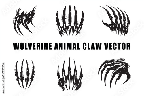 Aggressive Wolverine Claw Vector Silhouette Pack, Fierce Wolverine Claw Vector Silhouette Collection