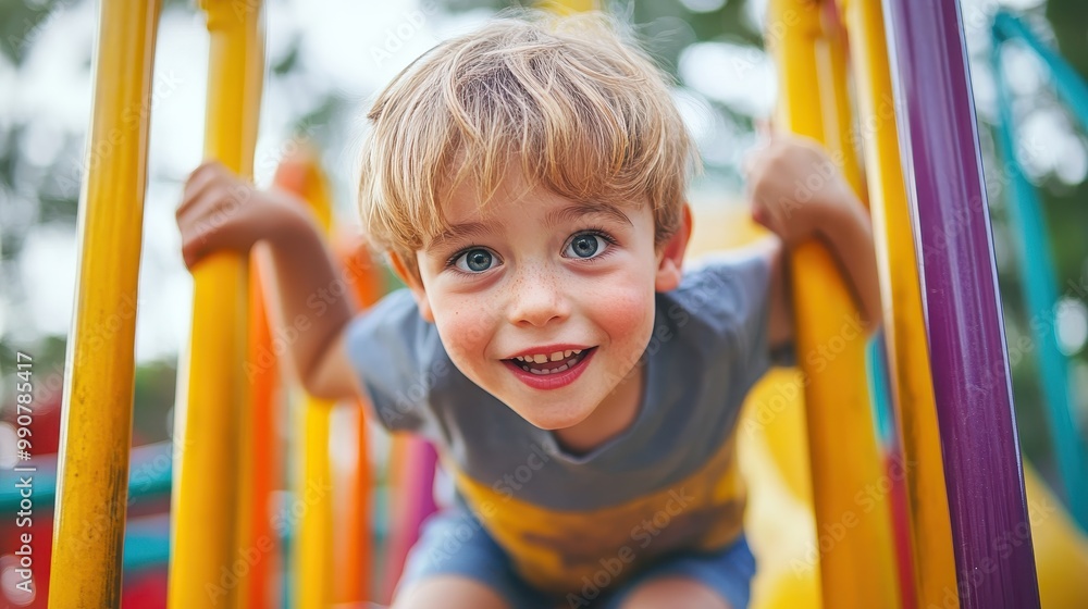 A cheerful kid is energetically climbing on a bright jungle gym, enjoying the playful environment A cheerful kid is energetically climbing on a bright jungle gym, enjoying the playful environment