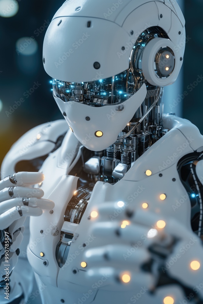 Fototapeta premium Robot in server room big data transfer digital technology high tech or AI thinking