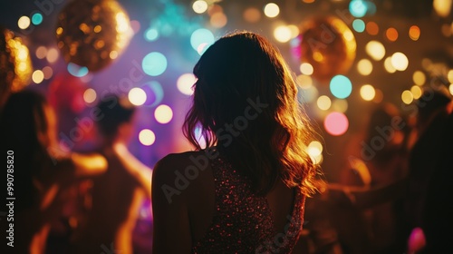 Celebration in a dark night club with abstract party and confetty with backview on young brunette girl blurred colorful copyspace background with balloons photo