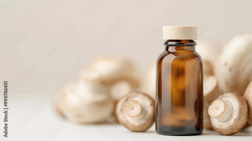 Mushroom extracts displayed with fresh mushrooms. Mushroom extracts displayed with fresh mushrooms.