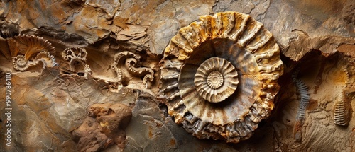 Image: large symmetrical ammonite surrounded by smaller ones in a rock. Earthy tones evoke natural setting and passage of time. Serene atmosphere captured.