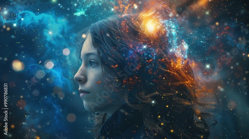 A portrait of a woman, her mind an enchanting galaxy, filled with sparkling stars and swirling cosmic clouds