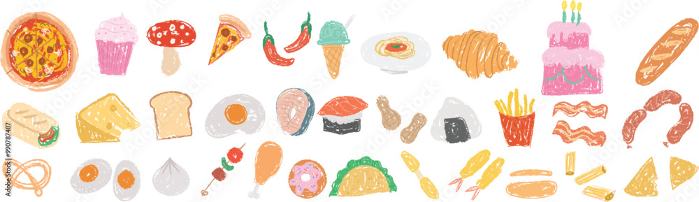 Crayon coloring pencil food set stickers, icon. Black line art, symbol, silhouette, crayon, pencil texture kid, childlike drawing, tempura, fish, ice cream, pizza, taco, burrito, boiled egg, fast food
