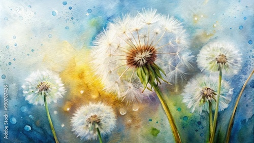 A delicate dandelion watercolor artwork features soft hues and elegant brushstrokes, beautifully rendered on textured paper for a captivating, serene effect.