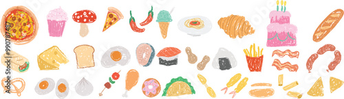 Crayon coloring pencil food set stickers, icon. Black line art, symbol, silhouette, crayon, pencil texture kid, childlike drawing, tempura, fish, ice cream, pizza, taco, burrito, boiled egg, fast food