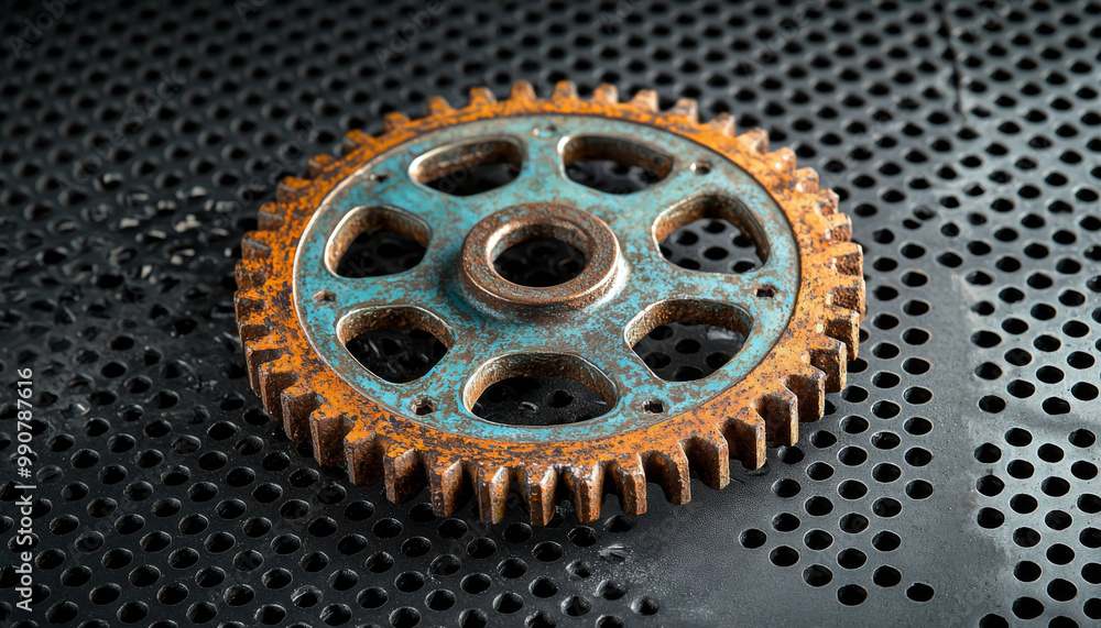A rusty gear on a textured surface, showcasing wear and age, indicative of mechanical use and industrial design. A rusty gear on a textured surface, showcasing wear and age, indicative of mechanical use and industrial design.