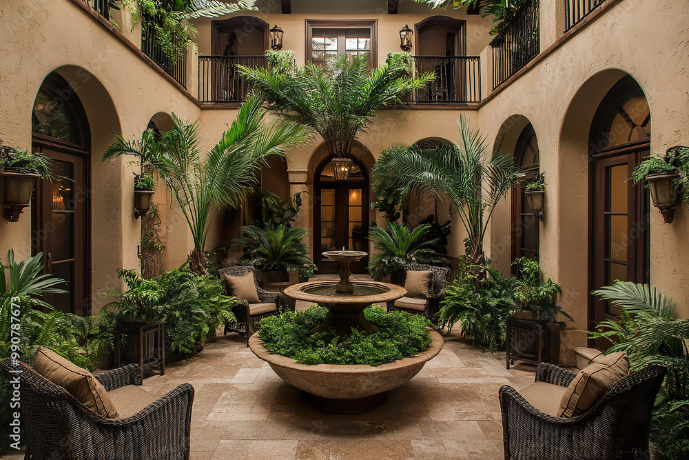 Fototapeta premium Mediterranean indoor courtyard with lush greenery and a central fountain