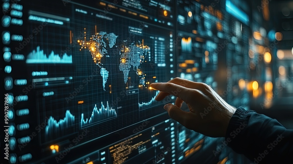A programmer analyzes financial data on a futuristic interface, focusing on global business strategies through digital technology. A programmer analyzes financial data on a futuristic interface, focusing on global business strategies through digital technology.