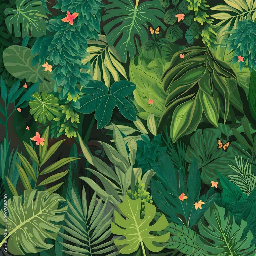 The image showcases a vibrant and lush tropical jungle scene. A dense tapestry of lush green leaves dominates the composition, with various species of tropical plants and foliage creating a visually r The image showcases a vibrant and lush tropical jungle scene. A dense tapestry of lush green leaves dominates the composition, with various species of tropical plants and foliage creating a visually r