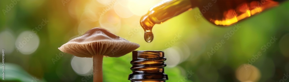 Mushroom extract being poured into a small vial.