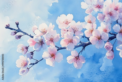 Delicate Cherry Blossoms in Watercolor Against Clear Blue Spring Sky photo