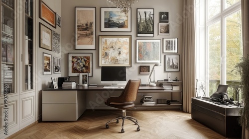 A stylish home office with a large desk and a gallery wall of art