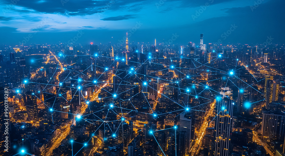 Fototapeta premium Wide-angle aerial view of the city skyline at night, with glowing connections between buildings and streetlights forming intricate networks representing smart urban infrastructure, featuring digital b