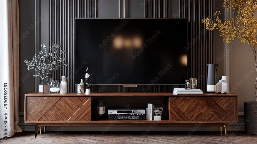 A stylish media console with a large television and curated decor items A stylish media console with a large television and curated decor items