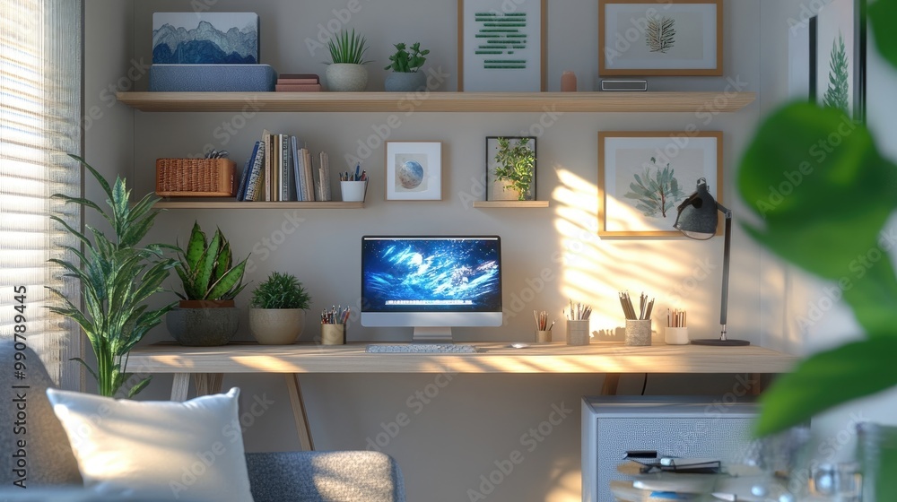 A stylish office nook with a desk and wallmounted shelves for