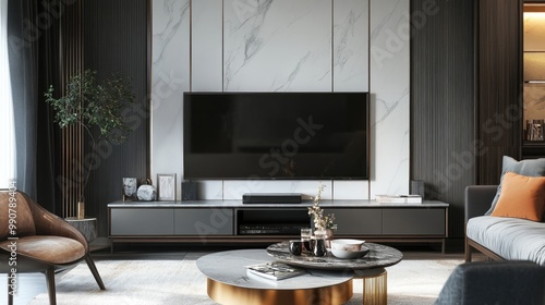 A stylish media console with a large television and curated decor items