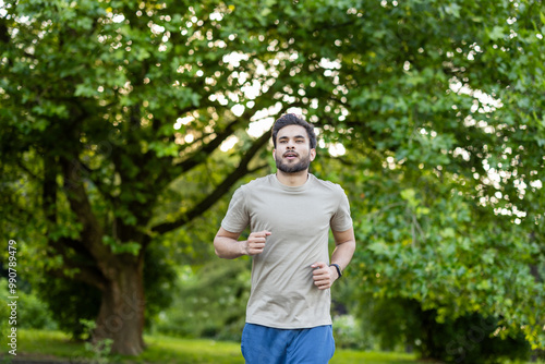 Photo of a young Indian tired man wearing headphones running in the park and participating in marathons and competitions