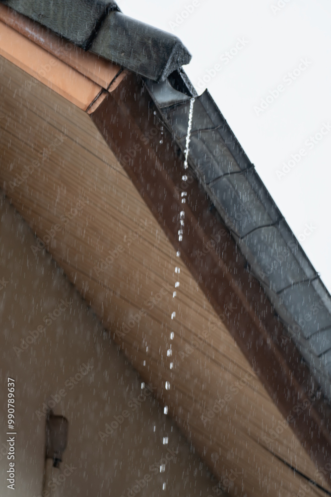 Clogged rain gutter, dirty roof gutter, with wet fallen leaves. Clogged rain gutter, dirty roof gutter, with wet fallen leaves.