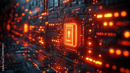 A sci-fi themed cybersecurity background features a lock integrated into a circuit, illuminated by glowing lights, showcasing digital security.