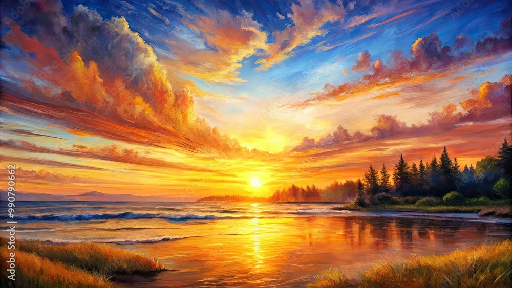 A radiant sunrise painting, adorned with warm hues and gentle brushstrokes, beautifully encapsulates the serene essence of dawn's awakening light. A vision of tranquility. A radiant sunrise painting, adorned with warm hues and gentle brushstrokes, beautifully encapsulates the serene essence of dawn's awakening light. A vision of tranquility.