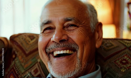 Happy Senior Man Laughing in Cozy Living Room