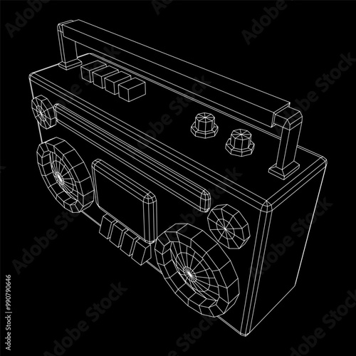 Retro Boombox outdated portable cassette tape recorder. Wireframe low poly mesh vector illustration.