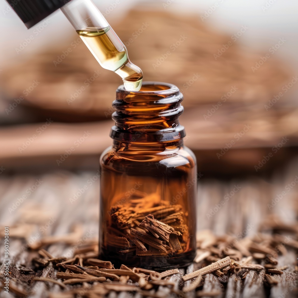 Closeup of slippery elm bark extract in a dropper bottle.