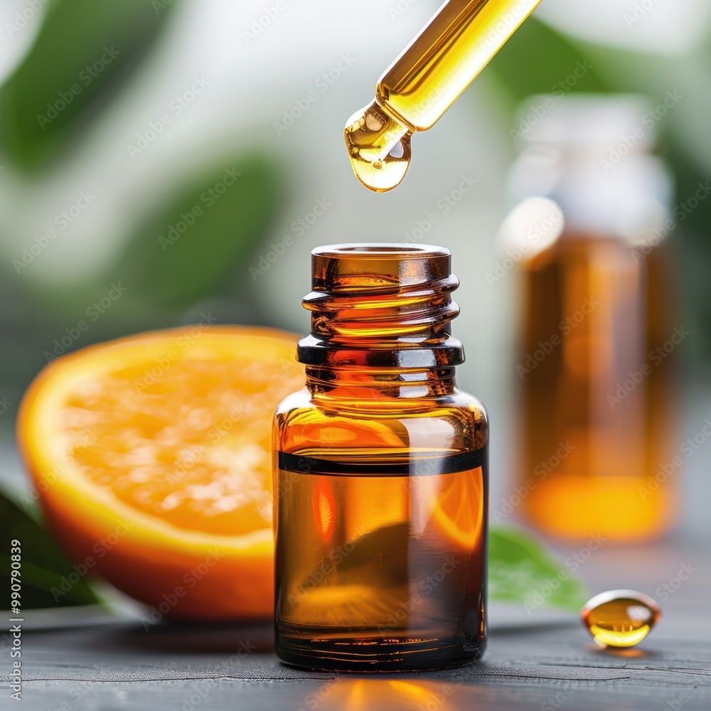 Closeup of a bottle of vitamin C extract.