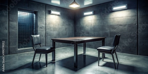 A shadowy interrogation room features a table, two chairs, and a two-way mirror, creating an intense atmosphere for gripping crime investigation scenes.
