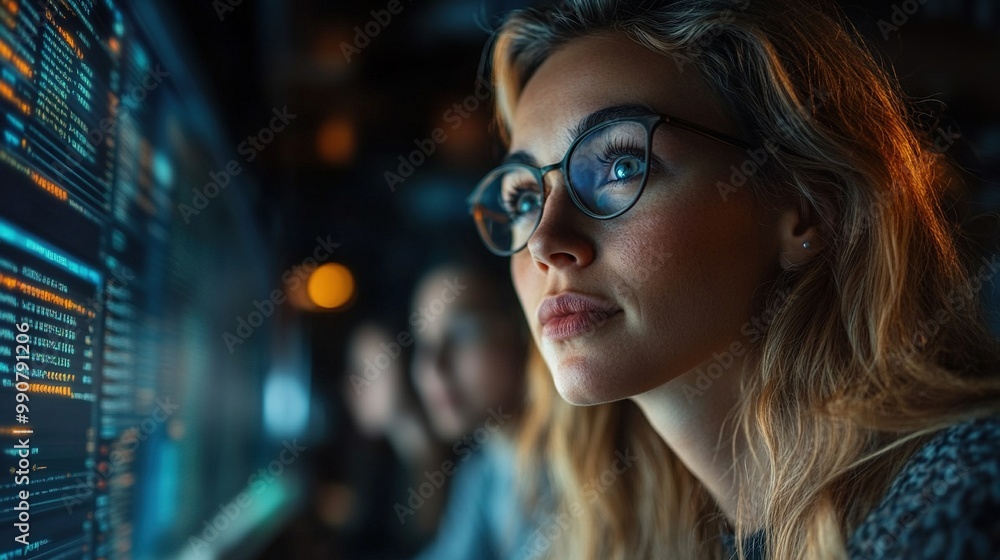 A team of IT professionals analyzes data at night, highlighting cybersecurity, UX design, and digital technology in a modern office setting. A team of IT professionals analyzes data at night, highlighting cybersecurity, UX design, and digital technology in a modern office setting.