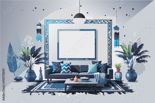 Modern Living Room Interior with Blue Decor Accents and Plants