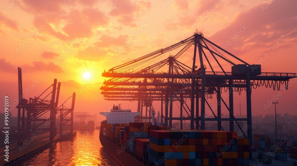 Container ship loading at sunset with cranes and colorful containers. Container ship loading at sunset with cranes and colorful containers.