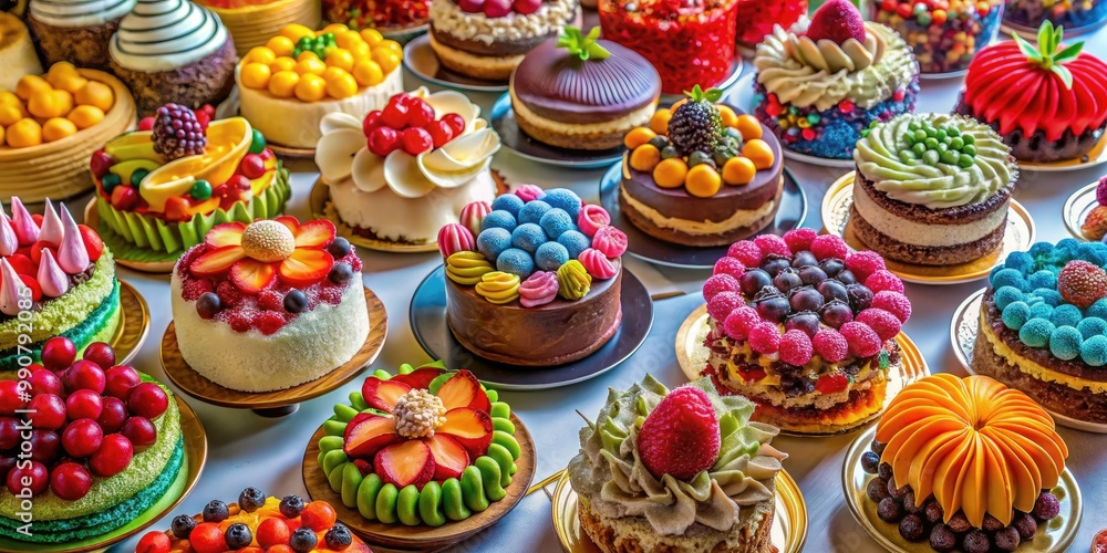 A table adorned with beautifully decorated cakes, perfect for a sweet celebration, inviting guests to indulge in a delightful dessert experience. A table adorned with beautifully decorated cakes, perfect for a sweet celebration, inviting guests to indulge in a delightful dessert experience.