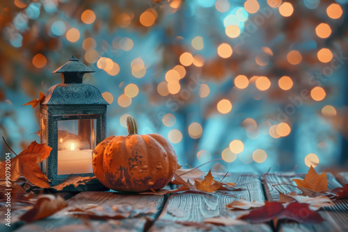 A rustic pumpkin and glowing candle lantern sit on a wooden table surrounded by autumn leaves. Soft bokeh lights, cozy autumn atmosphere, seasonal decor, Halloween designs, fall-themed advertisements.