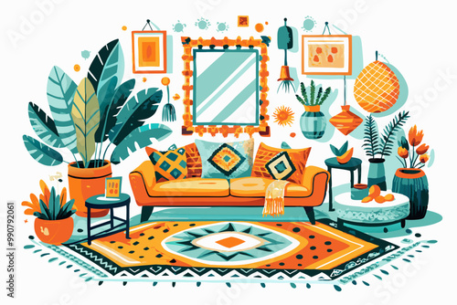 Cozy Modern Living Room with Vibrant Decor and Indoor Plants