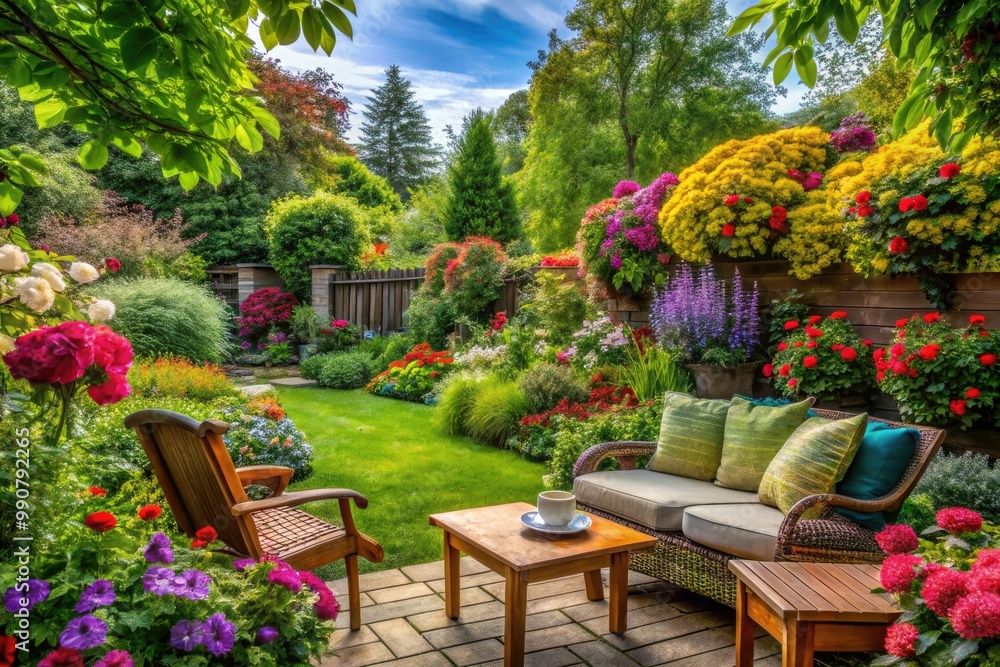 Fototapeta premium A tranquil backyard oasis filled with lush greenery, bright flowers, and inviting seating areas creates a vibrant space for relaxation and enjoyment. Nature's beauty awaits!