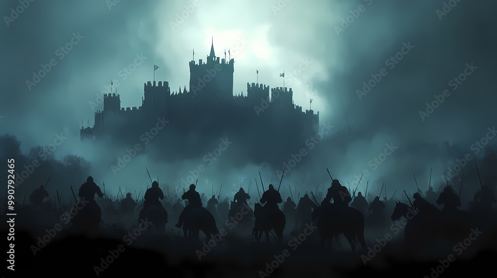 Dark medieval battle scene with silhouetted cavalry and infantry warriors fighting in front of a foggy castle. Medieval Battle. Illustration Dark medieval battle scene with silhouetted cavalry and infantry warriors fighting in front of a foggy castle. Medieval Battle. Illustration