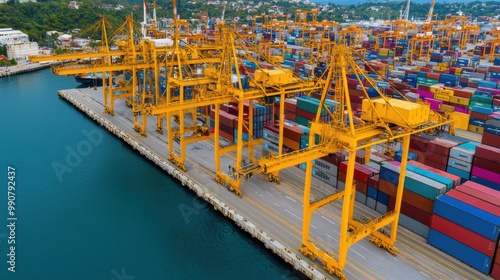 Aerial view of yellow cranes loading cargo containers at a busy port. photo