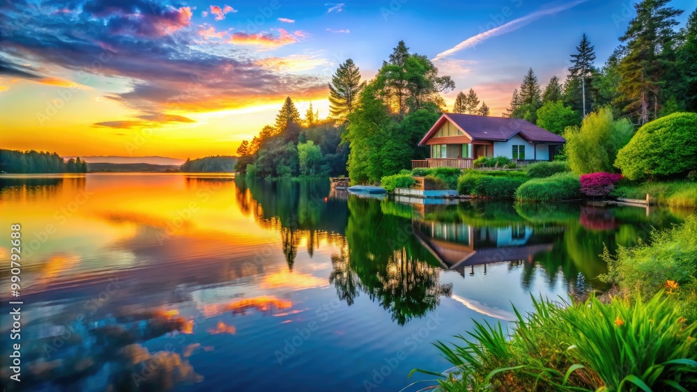 Fototapeta premium A tranquil lake house scene, surrounded by vibrant greenery, reflects the calm waters beneath a clear blue sky, illuminated by the warm hues of sunset.