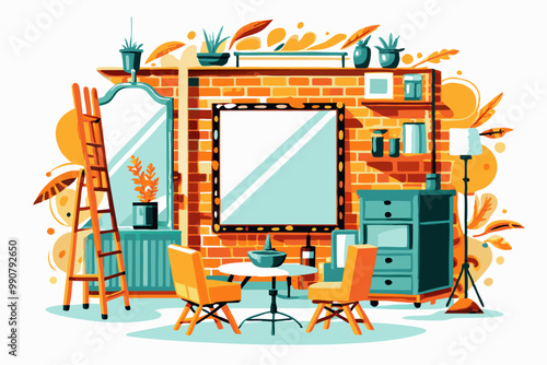 Colorful Illustrated Cozy Dining Room Interior with Plants