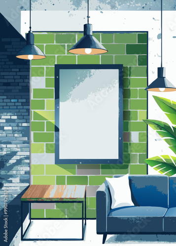 Modern Urban Living Room Interior with Green Accent Wall and Decor