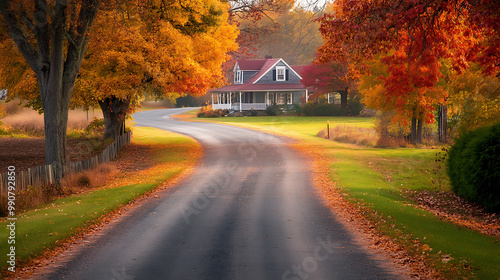 A charming country road lined with colourful autumn trees, leading to a cozy farmhouse