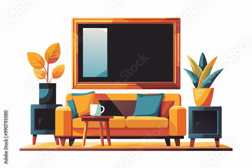 Modern Living Room Interior with Yellow Sofa and Decorative Plants