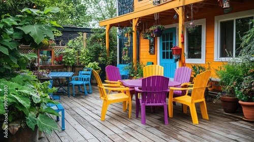 A vibrant outdoor patio with furniture made from recycled plastic