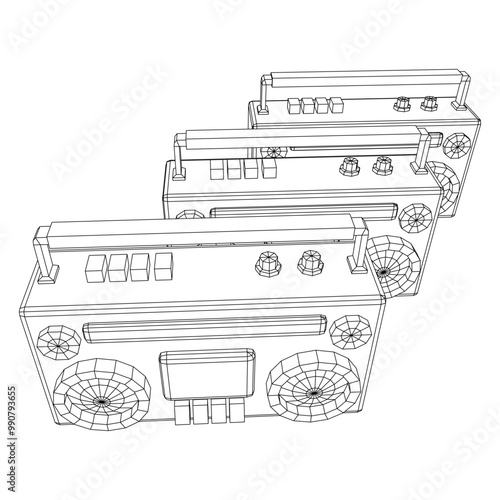 Retro Boombox outdated portable cassette tape recorder. Wireframe low poly mesh vector illustration.