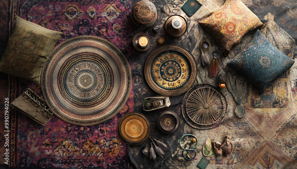 A collection of mandalas, dreamcatchers, and earthy tones, with intricate patterns and a warm, laid-back atmosphere A collection of mandalas, dreamcatchers, and earthy tones, with intricate patterns and a warm, laid-back atmosphere