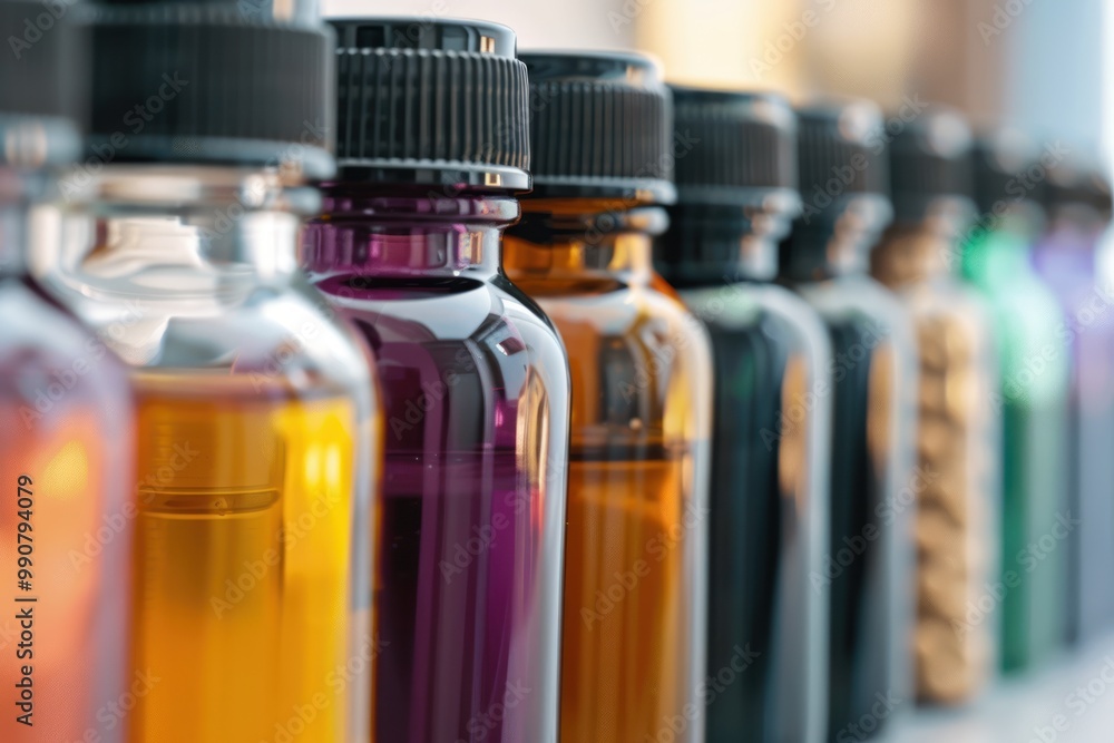 Shelf with various protein extracts in dark bottles. Shelf with various protein extracts in dark bottles.